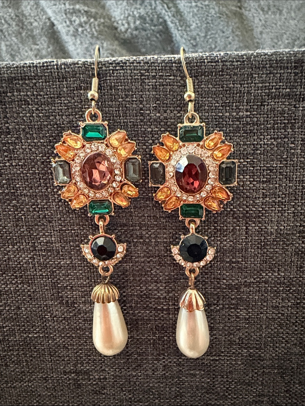 Zara Multicolor Gem & Pearl Drop Earrings - Green, Amber, Red, Black